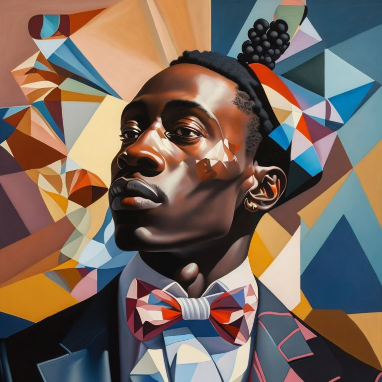 Colorful Geometric Background Portrait of Man with Bowtie