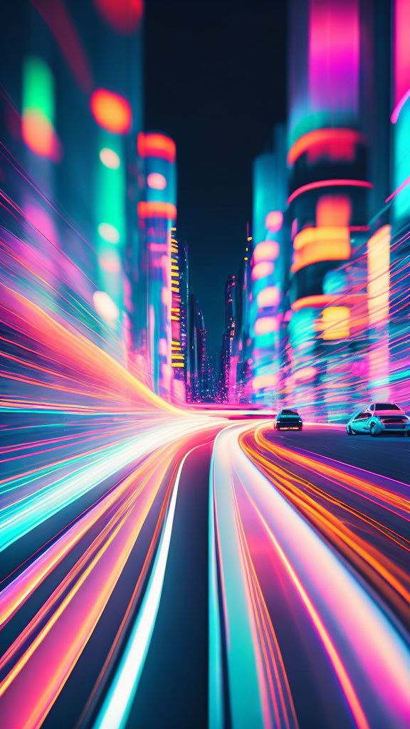 Colorful light trails in vibrant neon-lit cityscape