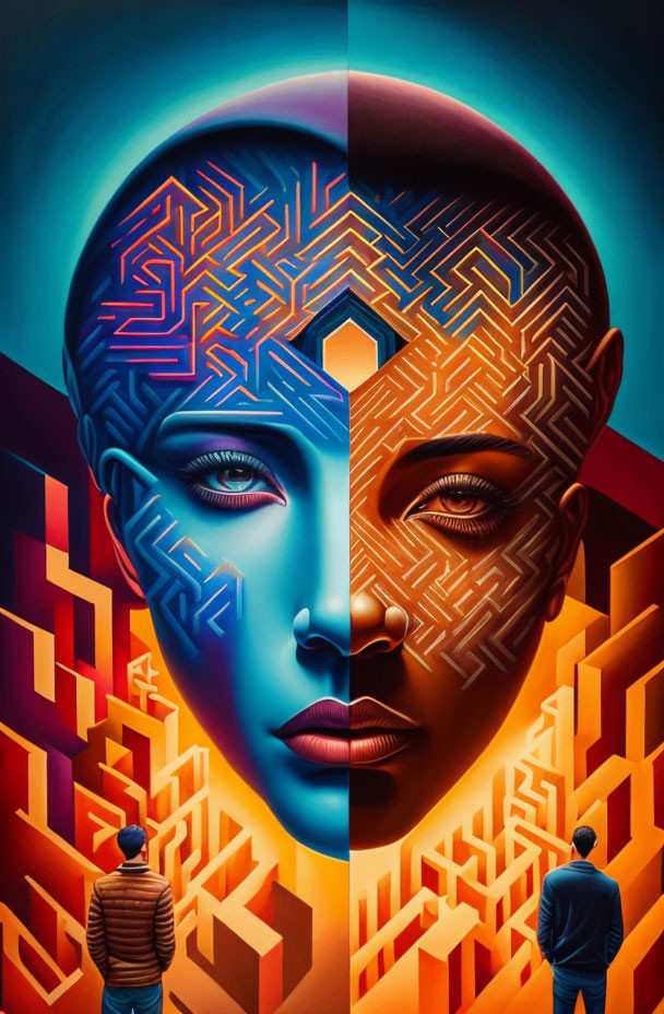 Symmetrical faces with maze-patterned brain and observers in surreal portrait