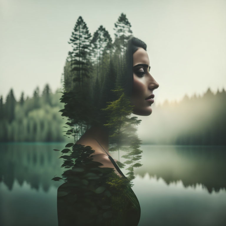 Double Exposure Portrait Blending Woman's Profile with Forest and Lake