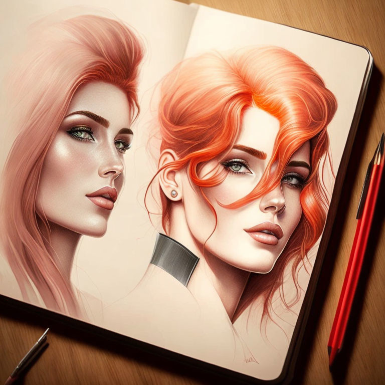 Twin women with pinkish-red hair and green eyes sketch in a book with pencils.