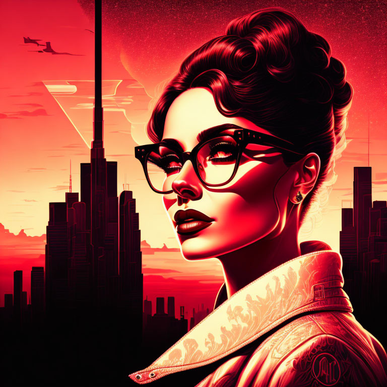 Woman with glasses in futuristic portrait against red cityscape.