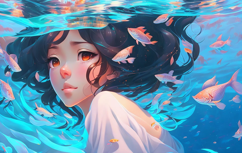 Stylized anime girl with black hair in clear water with orange fish