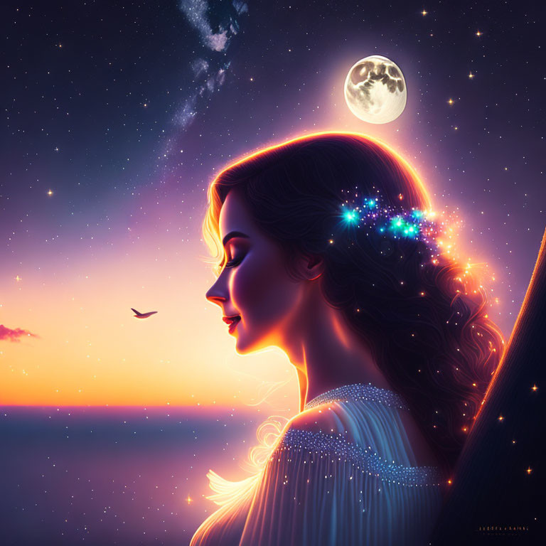 Profile view digital artwork: woman with cosmic theme, moon halo, starry hair, vibrant sunset,