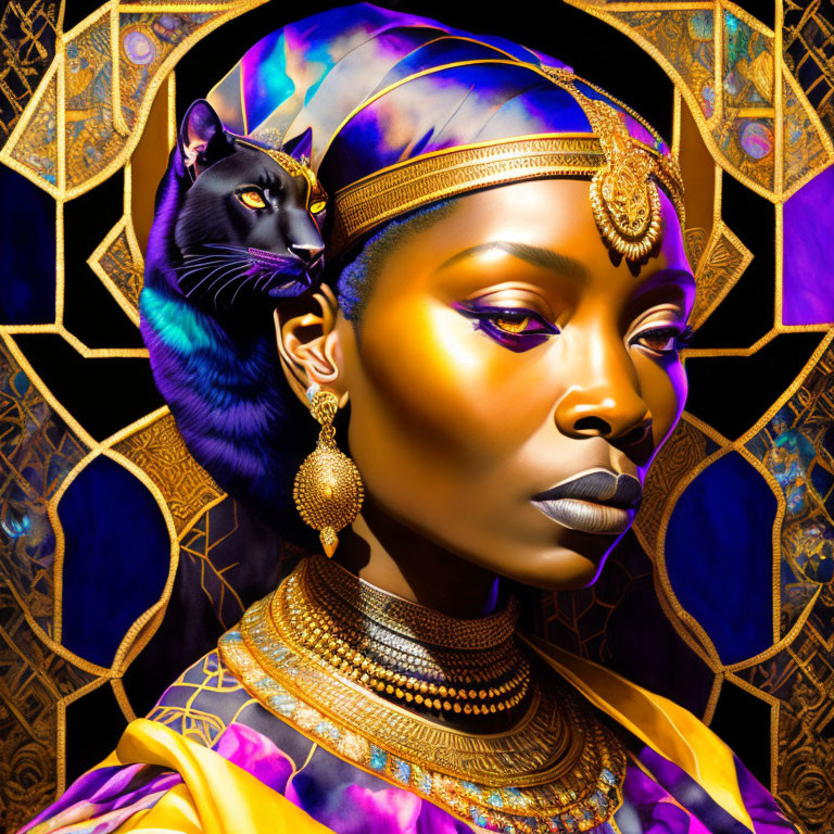 Golden-skinned woman with headdress and black cat on geometric background