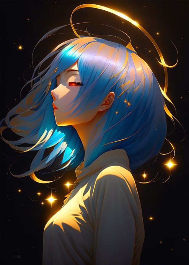 Digital artwork: Girl with blue hair, glowing halo, golden stars on dark background