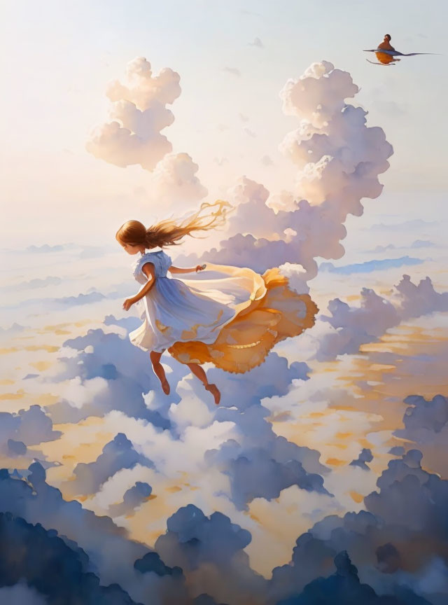 Girl in flowing dress leaping among fluffy clouds with sun's warm glow