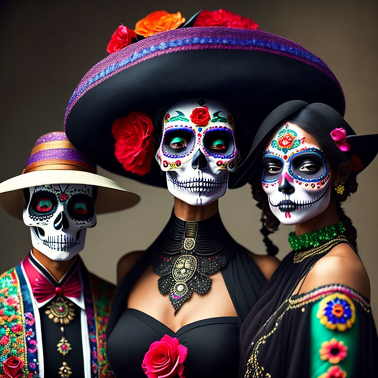 Traditional Mexican attire: Three individuals with skull-painted faces and sombreros.