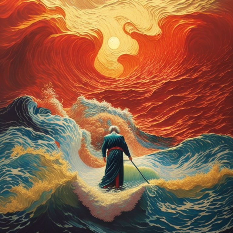 Cloaked Figure on Wave Crest Under Fiery Sky