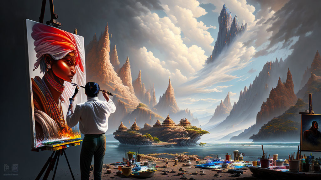 Artist in Turban Painting Fantastical Landscape with Rocky Spires and Water Palette