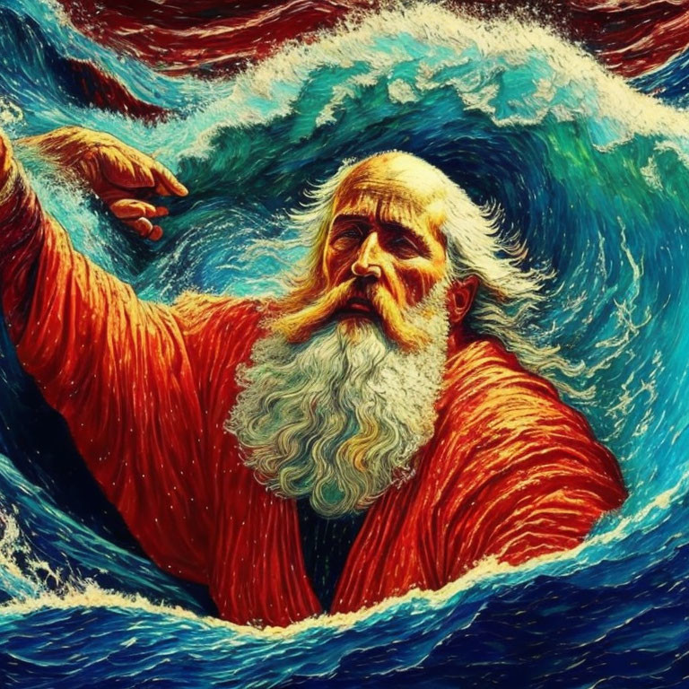 Bearded figure in red robe emerging from ocean waves