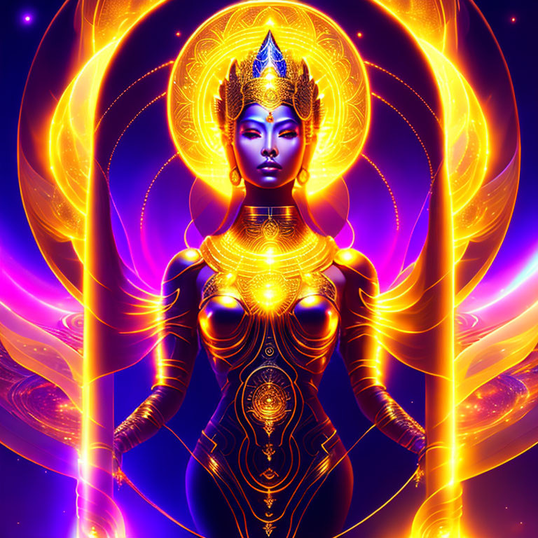 Blue-skinned deity with golden headdress and jewelry in digital artwork