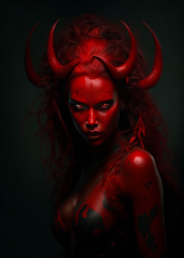 Demonic figure with red skin and horns on dark backdrop