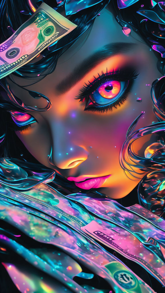 Vibrant digital artwork: Woman's face with iridescent tears and money motifs