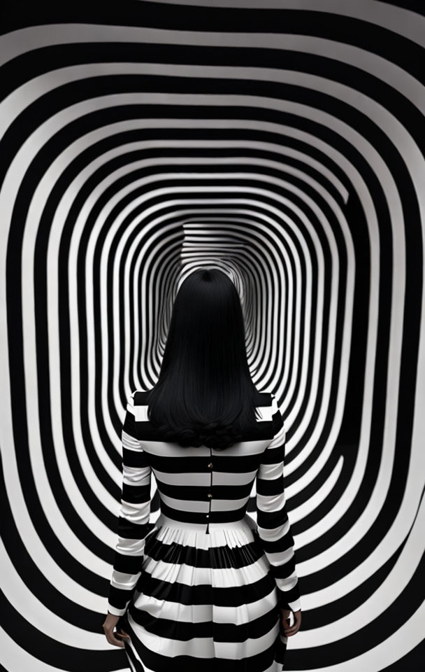 Person in Striped Dress Standing in Optical Illusion Tunnel