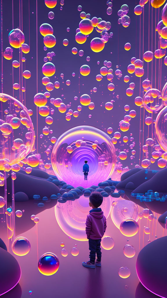 Child observing surreal tunnel of luminous bubbles and glowing rods