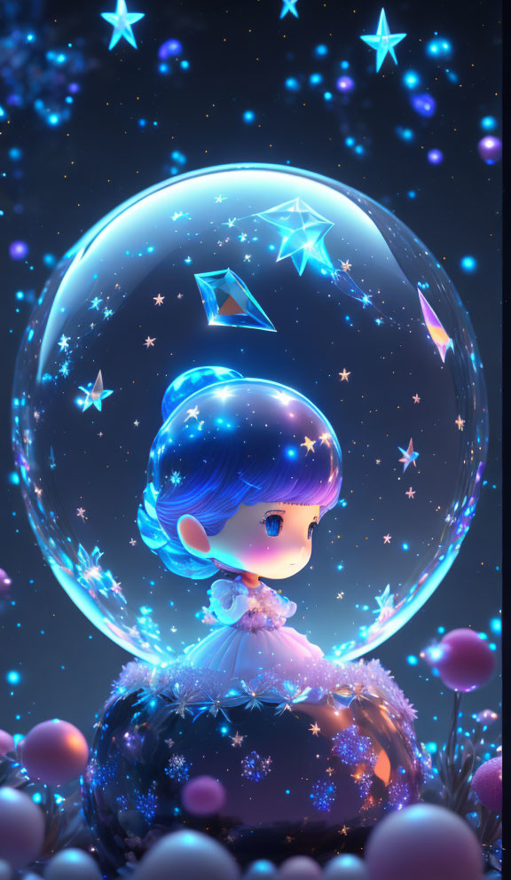 Blue-haired character in sphere with stars and crystals on night sky background