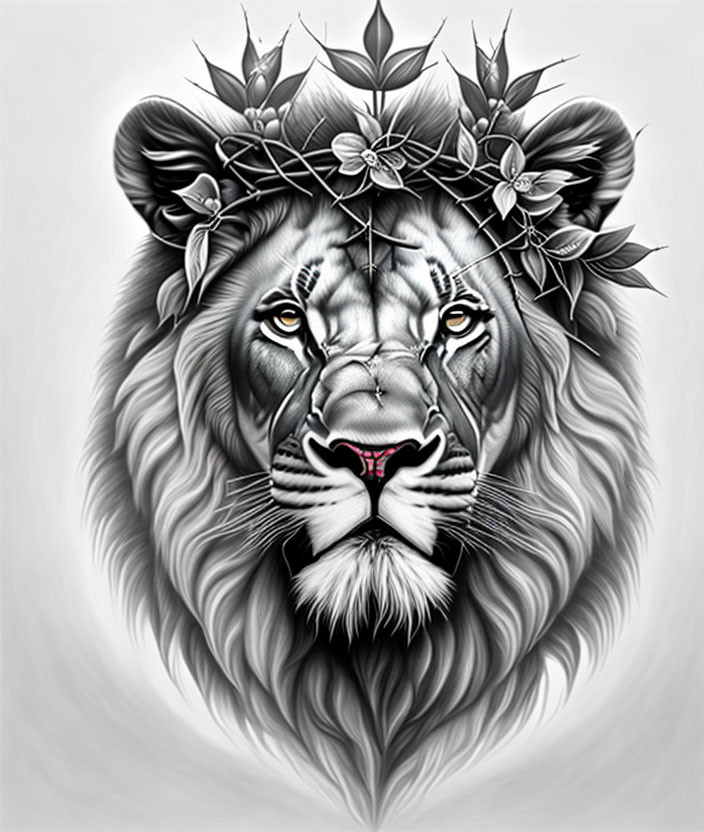 Monochrome lion face with crown of thorns and flowers