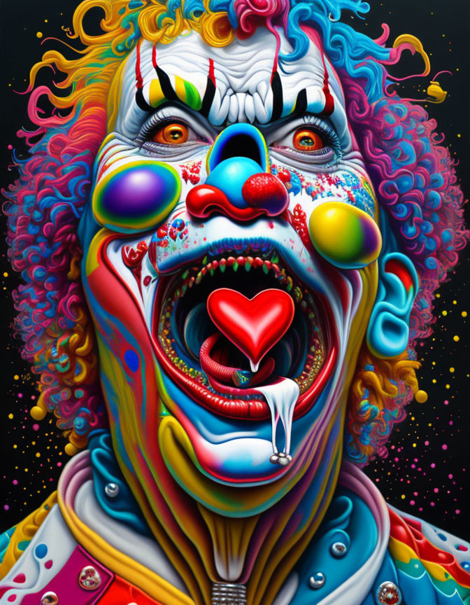 Colorful surreal clown illustration with melting heart motif