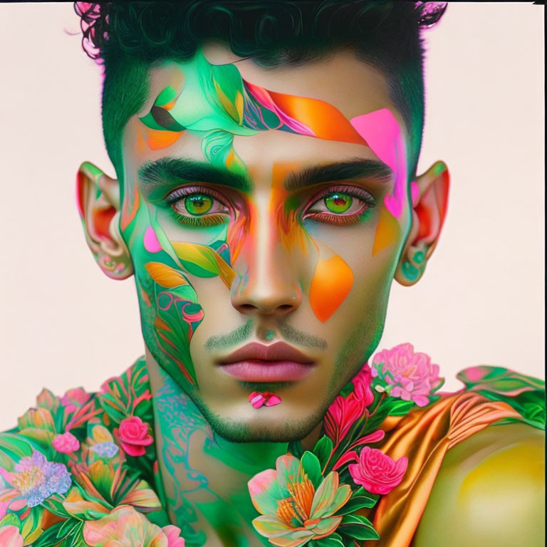 Man with Vibrant Floral Patterns on Face and Body in Digital Art