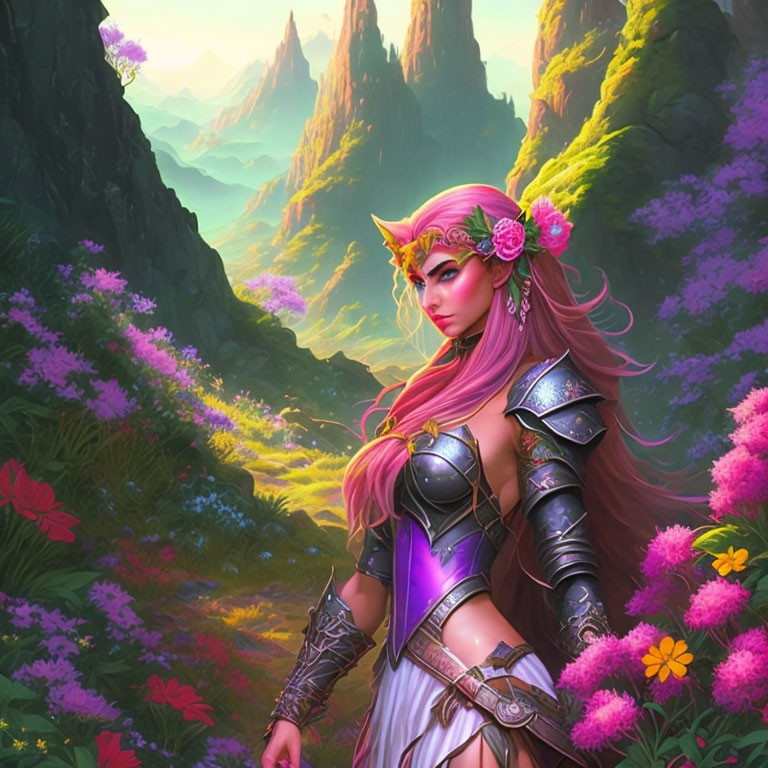 Pink-haired female warrior in fantasy armor in vibrant landscape