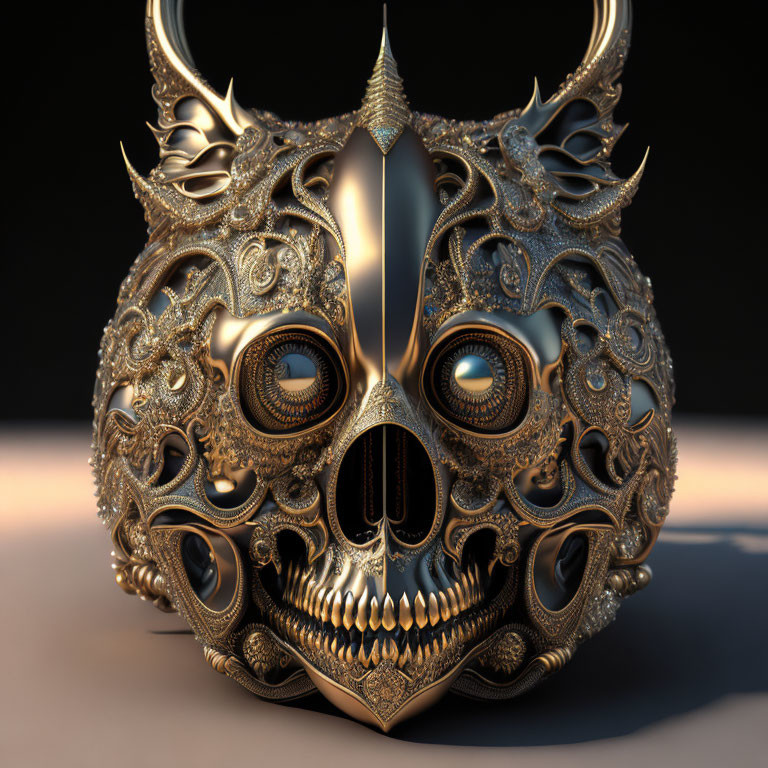 Golden Skull with Ornamental Carvings and Horns on Dark Background