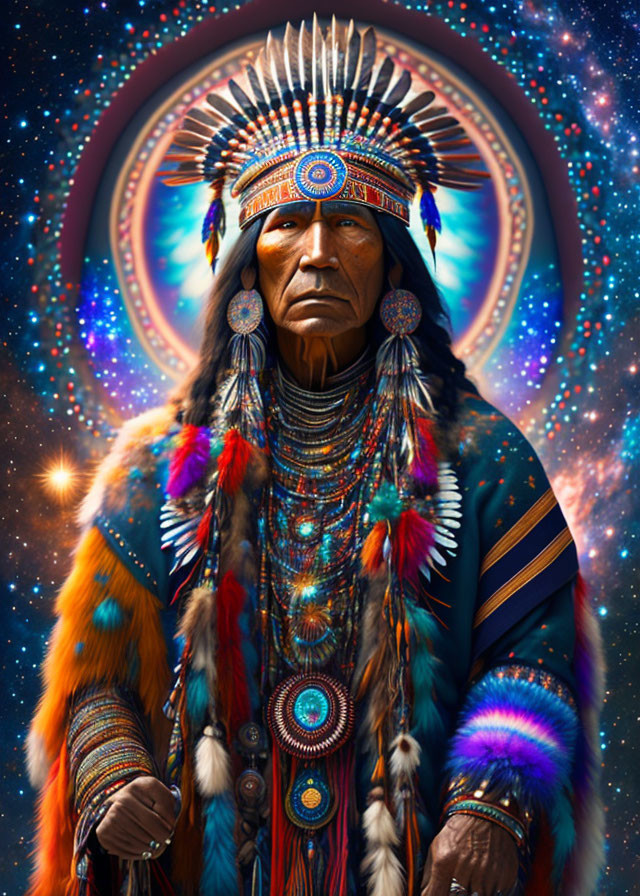 Native American-inspired regalia worn by stern-faced figure against cosmic backdrop