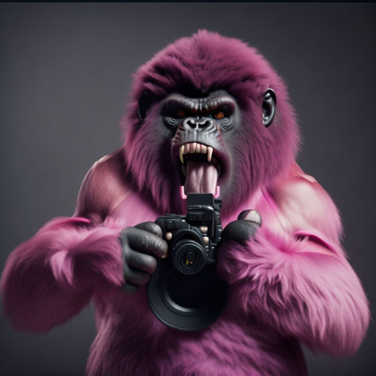 Pink gorilla with camera and playful expression