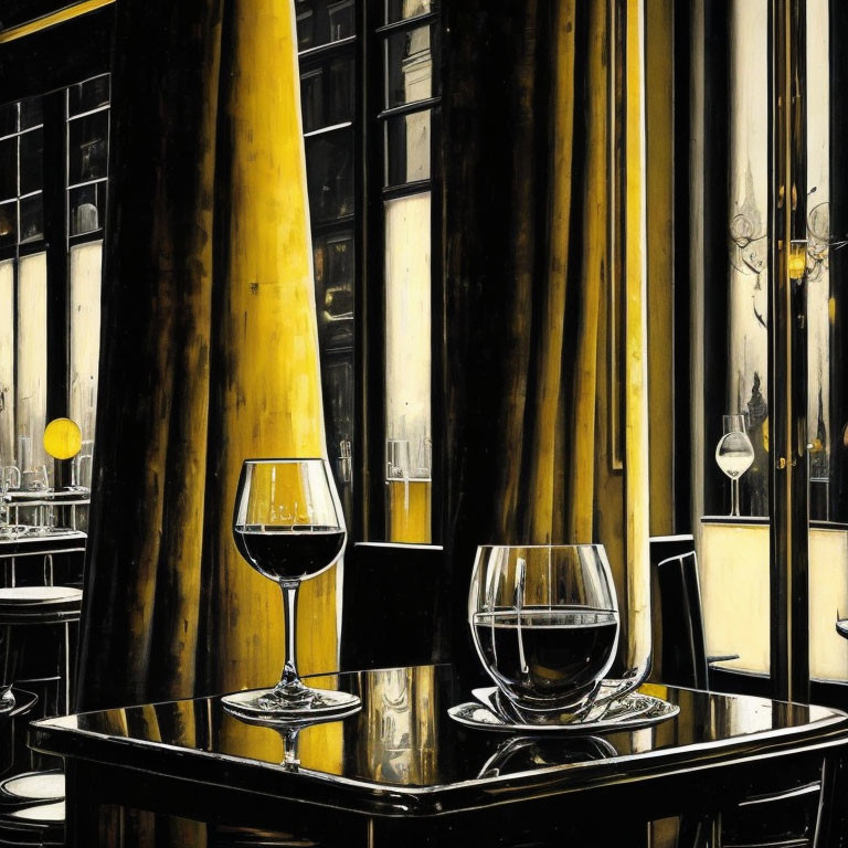 Reflective black surface with two glasses of liquid and distorted golden-yellow columns and windows.