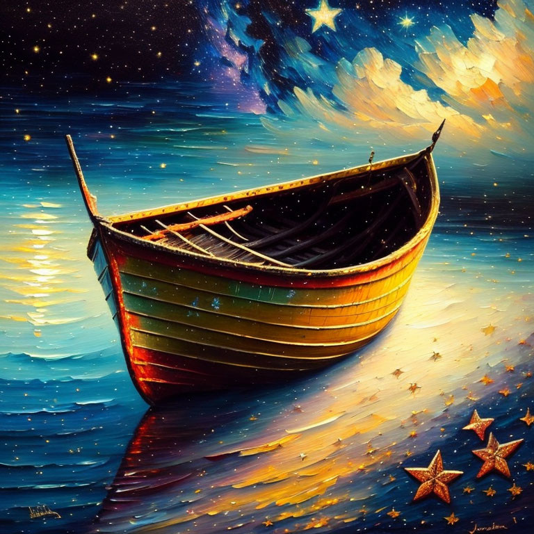 Colorful Rowboat Painting on Starry Sea with Starfish & Night Sky