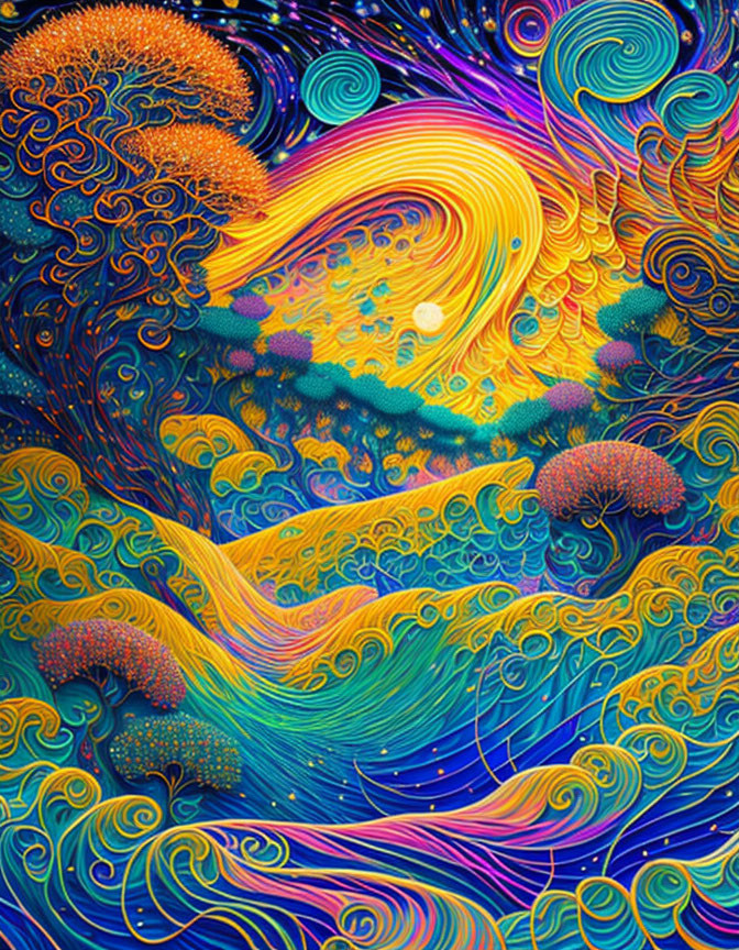 Colorful psychedelic artwork: swirling patterns, abstract trees, and golden moon