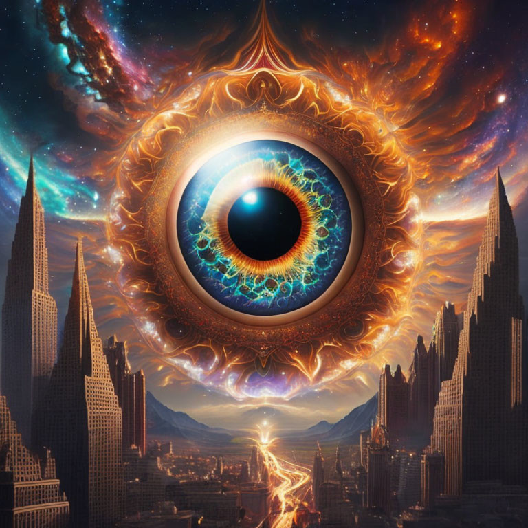 Surreal artwork: Enormous eye with fiery aura overlooking futuristic cityscape and cosmic backdrop