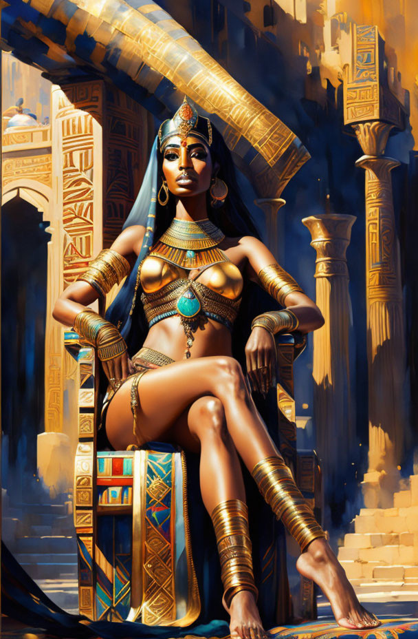 Regal figure in ancient Egyptian attire on throne surrounded by opulence