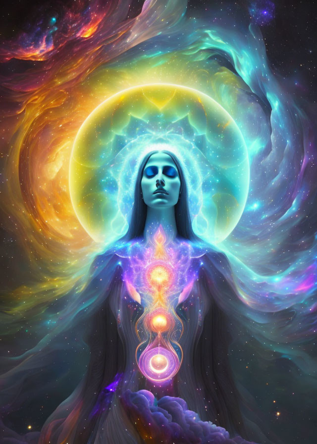 Celestial woman surrounded by glowing aura and cosmic energy.