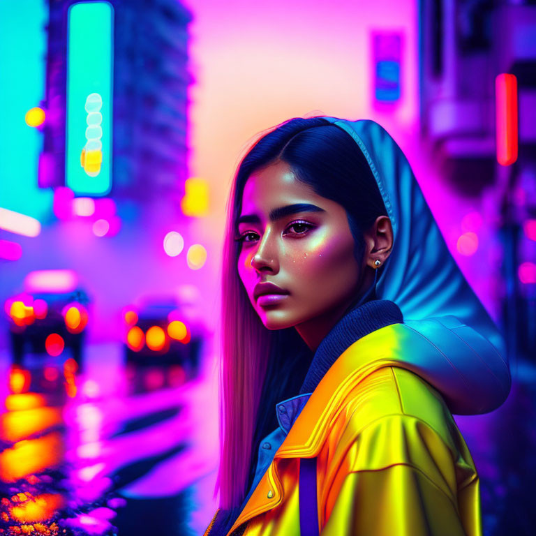 Striking makeup woman in neon-lit cityscape at dusk