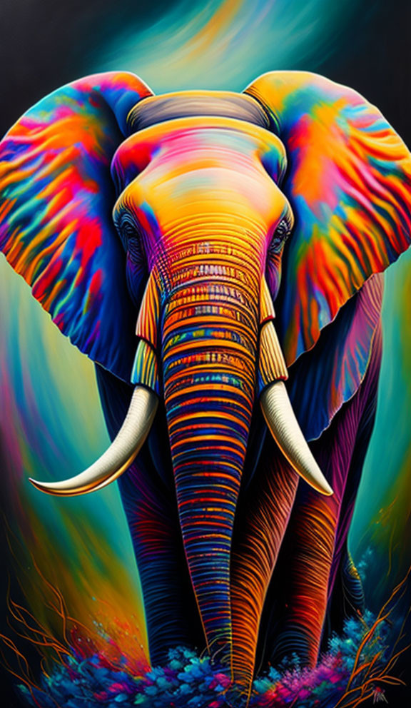 Colorful Elephant Illustration with Psychedelic Patterns on Dark Background