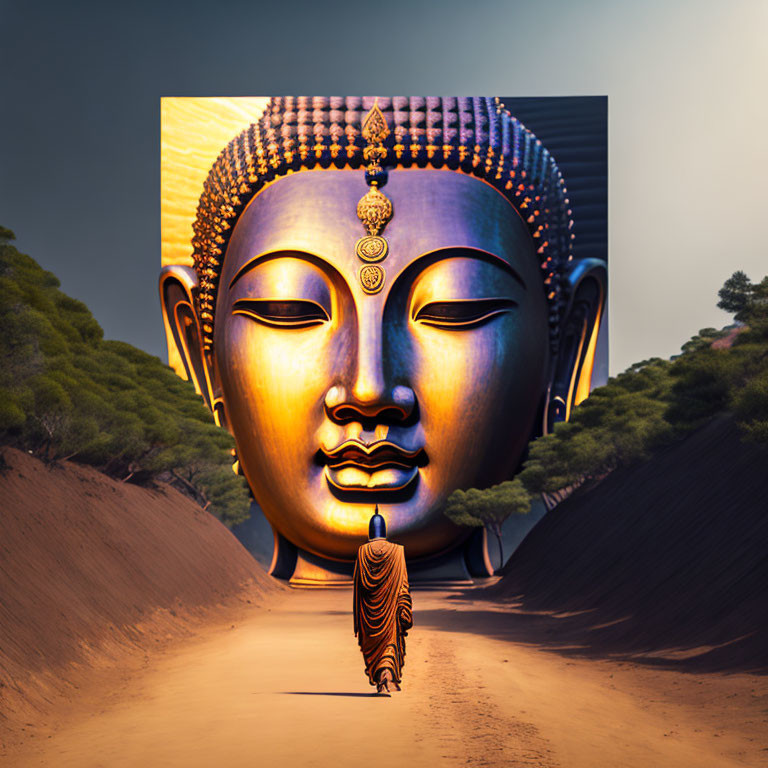 Monk walking towards giant Buddha head in serene landscape