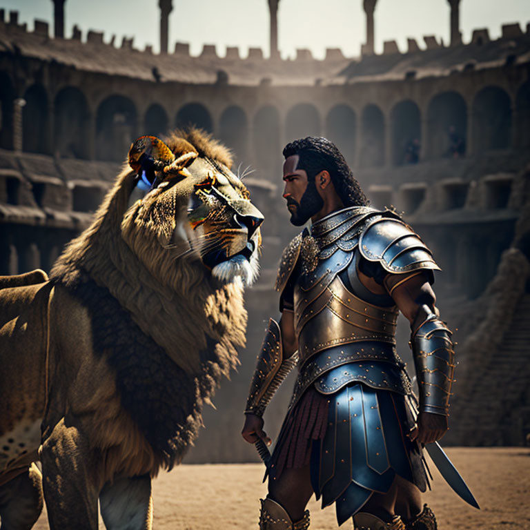 Armored warrior and mythical lion in ancient arena with blue markings