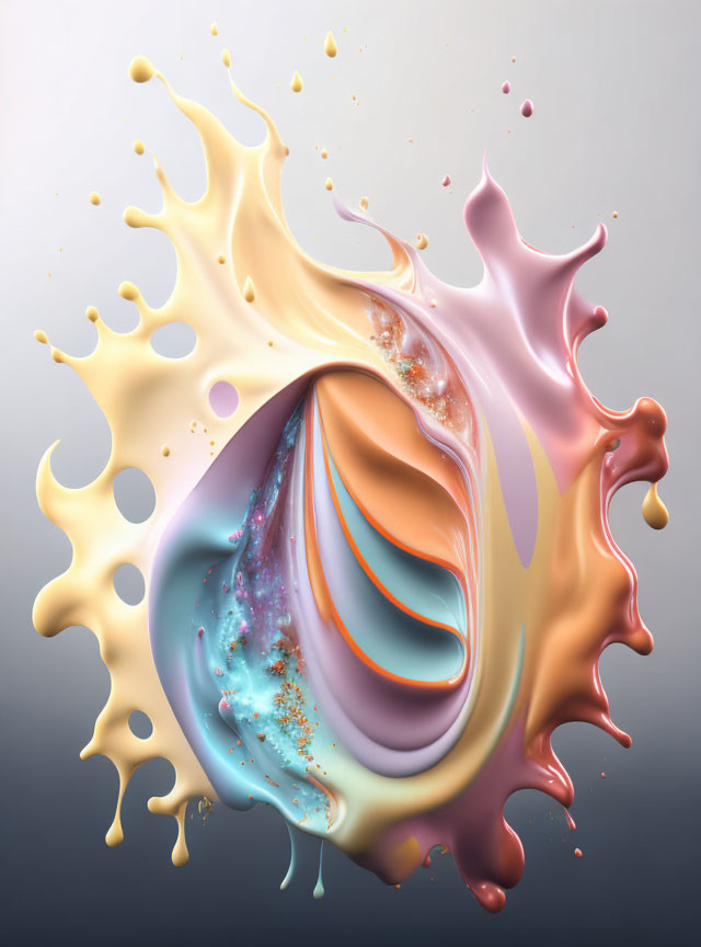 Vibrant abstract splash with pink, orange, blue, and white hues on grey background