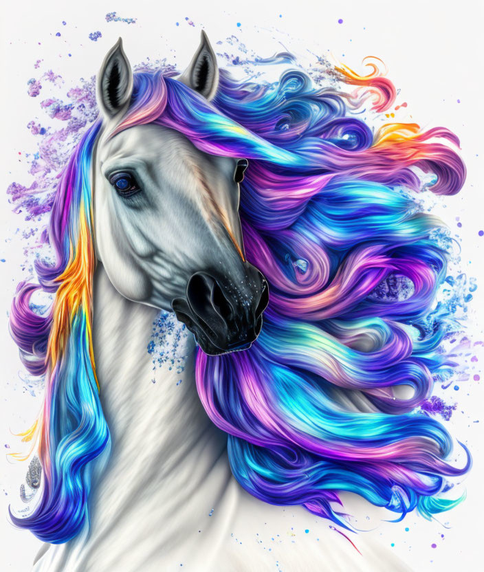 Colorful white horse illustration with flowing mane on paint splatter background