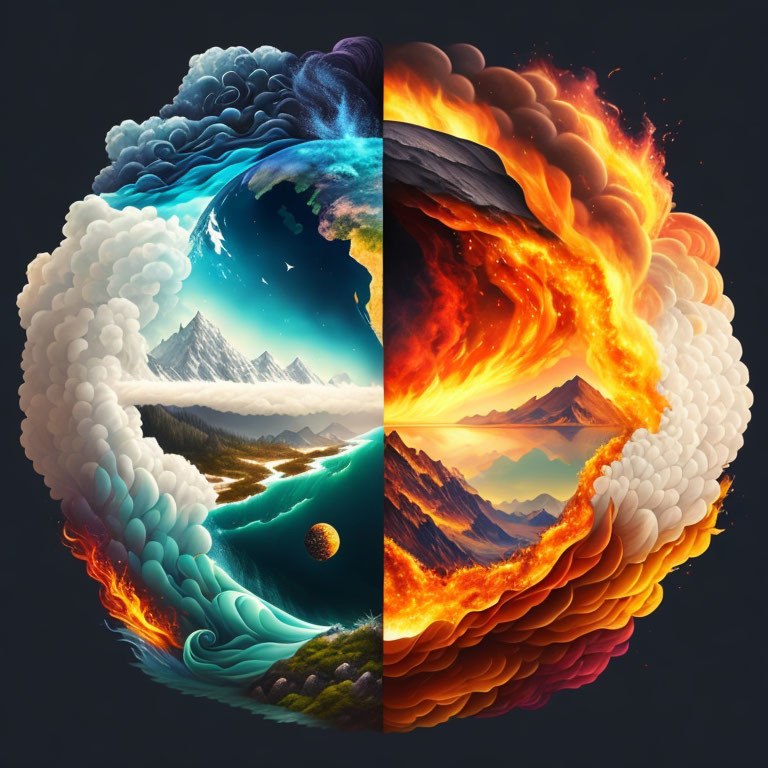 Surreal four-quadrant artwork: Earth, water, air, fire contrasted in cool