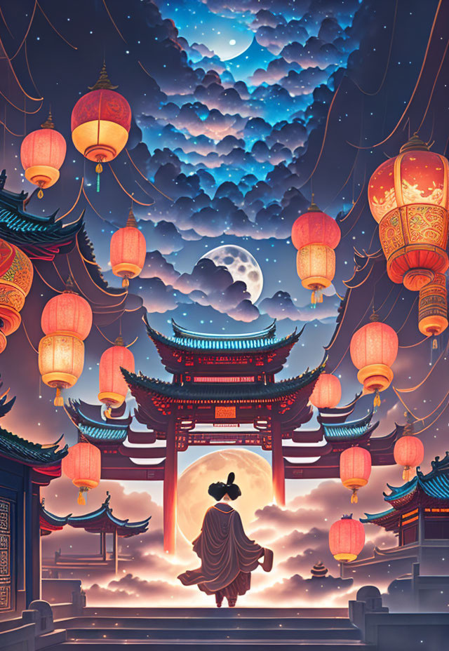 Person admiring night sky with crescent moon and red lanterns