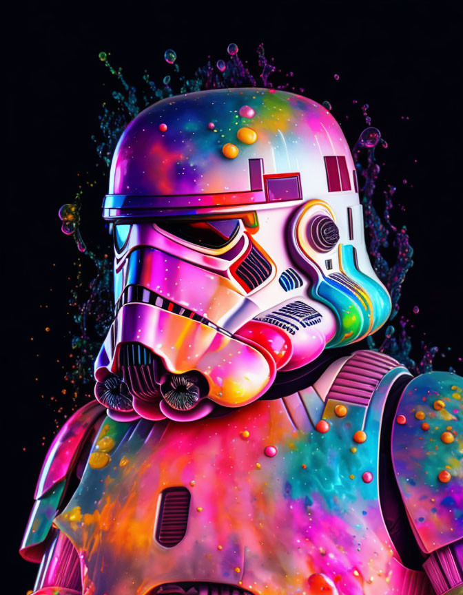 Neon-colored stormtrooper helmet in cosmic setting