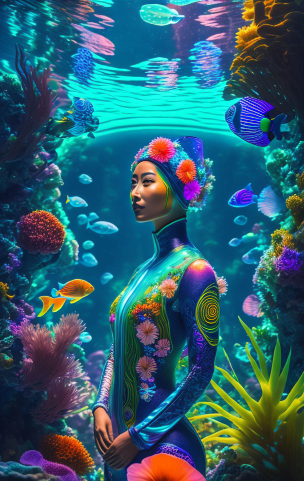 Woman in Vibrant Floral Wetsuit Among Colorful Coral Reefs