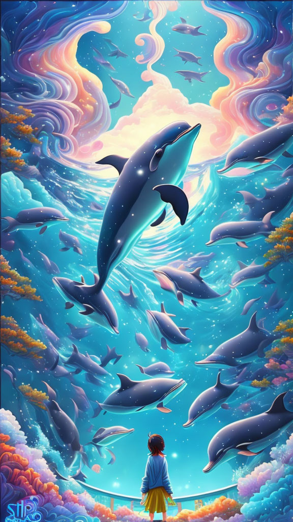 Person observing dolphins in vibrant underwater scene