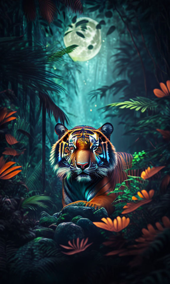 Colorful Tiger in Moonlit Jungle with Intense Gaze