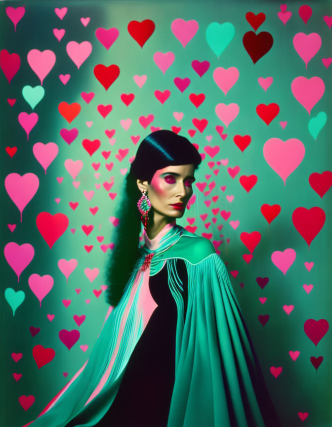 Stylized portrait of woman with dramatic makeup and earrings in turquoise dress against pink and teal hearts.