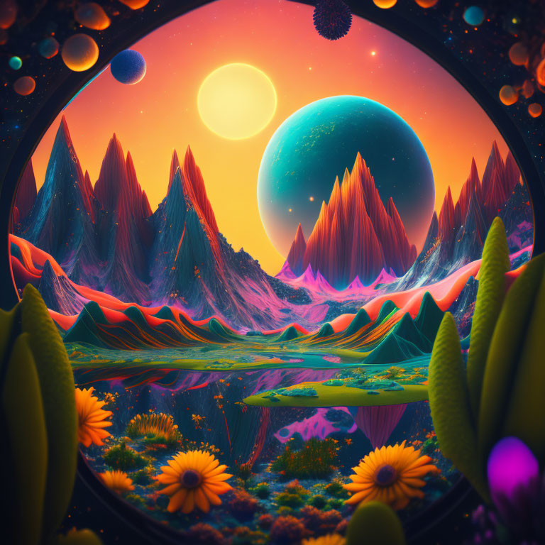 Colorful alien landscape with mountains, reflective lake, exotic flora, and large moon.