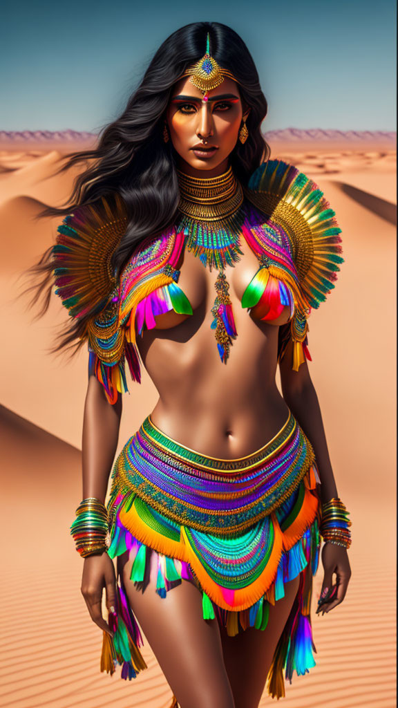 Vibrant woman in ornate tribal attire in desert setting