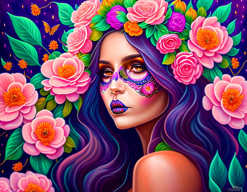 Colorful Woman with Blue Hair and Sugar Skull Makeup in Floral Setting